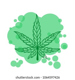 Hand drawing a cannabis sheet. Abstract green stain backdrop. Vector illustration isolated on white background.