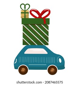 Hand drawing car with gifts and presents. Vector illustration in cartoon style