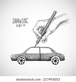 Hand drawing car with graphite pencil sketch isolated on white background vector illustration