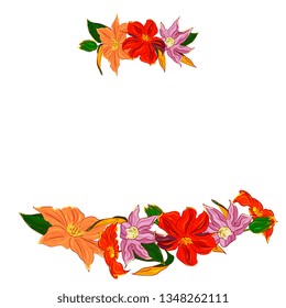 Hand drawing card with place for text,Delicate spring flower leaves,branches and flowers.flower frame,border. Elements for greeting, wedding card.Sketch, Linart  for valentine's day, wedding,