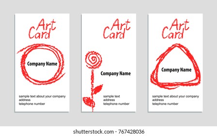 Hand drawing card set with crayon texture. Pencil or chalk drawn background, copy space or template. Art stroke lines and red design elements, vector.
