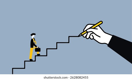 Hand drawing career direction path and employee walking in the path illustration