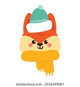 hand drawing carton fox with beanie and scarf. cute animal doodle for winter sticker, icon