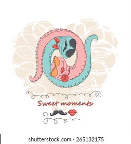 hand drawing cartoon abstract love and wedding invitation. Vector card with snakes 