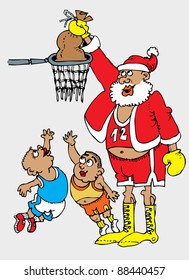 Hand drawing cartoon with afro-american basketball star as a Santa Claus in the match with two small and young players