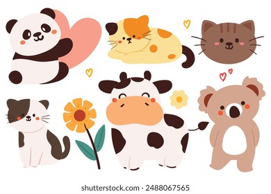 hand drawing cartoon animal sticker set. cute animal drawing, doodle set