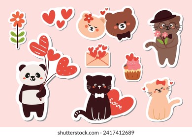 hand drawing cartoon animal with valentine element sticker set. cute valentine icon and doodle sticker