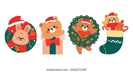 hand drawing cartoon animal winter and christmas sticker set. cute animal drawing, doodle set for christmas