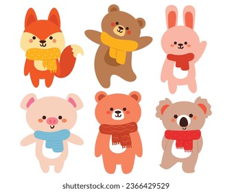 hand drawing cartoon animals collection sticker set. cute animal with winter outfit drawing, animal icon