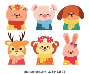 hand drawing cartoon animals collection sticker set. cute animal with winter outfit drawing, animal icon