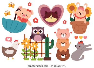 hand drawing cartoon animals. cute animal doodle for sticker, icon. cute animal sticker set