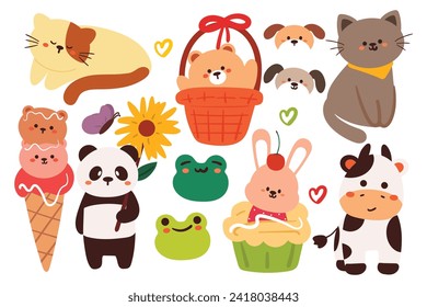 hand drawing cartoon animals. cute animal doodle for sticker, icon. cute animal sticker set