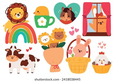 hand drawing cartoon animals. cute animal doodle for sticker, icon. cute animal sticker set