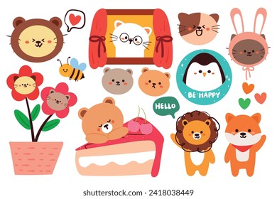 hand drawing cartoon animals. cute animal doodle for sticker, icon. cute animal sticker set