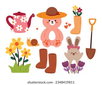 hand drawing cartoon animals and gardening element sticker set