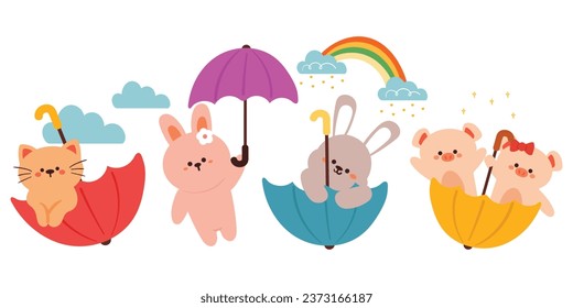 hand drawing cartoon animals playing with umbrella. cute animal sticker with sky element, umbrella. cute animal sticker set