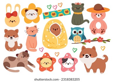 hand drawing cartoon animals sticker set. cute animal doodle for icon, kids sticker