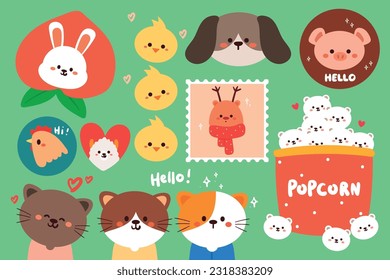 hand drawing cartoon animals sticker set. cute animal doodle for icon, kids sticker