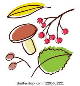 Hand drawing cartoon autumn falling leaves, mushroom, rowan. Fun pretty doodle simple vector flat style. October cute background.