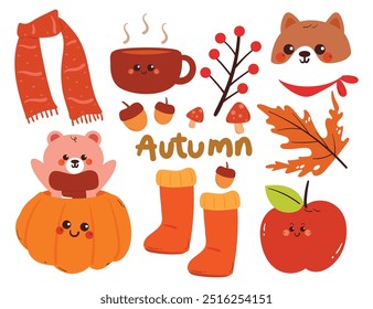 hand drawing cartoon autumn sticker set. cute sticker for autumn fall season, doodle set