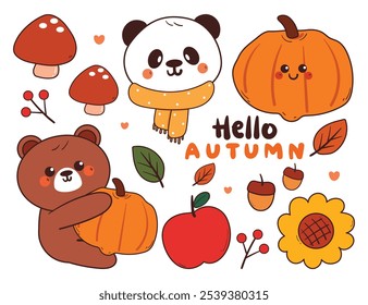 hand drawing cartoon autumn sticker set with animal panda and bear. cute sticker for autumn fall season, doodle set