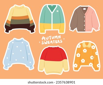 hand drawing cartoon autumn sweaters sticker set. cute clothes for autumn season. set of sweater doodle sticker