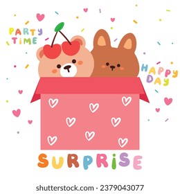 hand drawing cartoon bear and bunny inside a gift box. cute animal drawing for birthday card, wallpaper, background