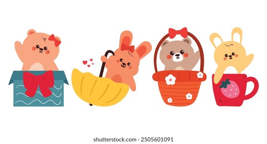 hand drawing cartoon bear and bunny inside basket, cup, box and umbrella. cute animal drawing, doodle set, sticker set