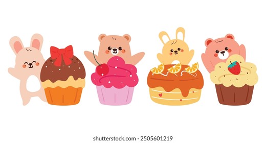 Dibujo a mano Oso de dibujos animados y conejito con lindo conjunto de pegatinas de postre. lindo dibujo de animales y alimentos, conjunto de doodle