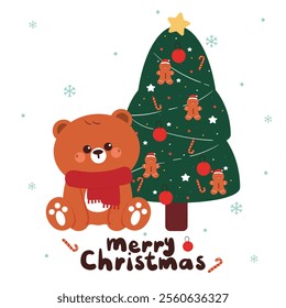 hand drawing cartoon bear with christmas tree for christmas and winter card. cute drawing with christmas element and ornament for wallpaper, background