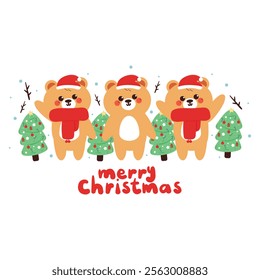 hand drawing cartoon bear for christmas card and wallpaper. cute drawing with christmas element and ornament for wallpaper, background