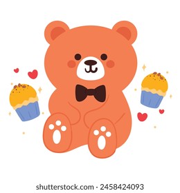 hand drawing cartoon bear with dessert. cute animal card, wallpaper, background