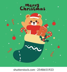 hand drawing cartoon bear and gingerbread inside a christmas sock. cute drawing with christmas element and ornament for card, wallpaper, background