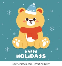 hand drawing cartoon bear for holiday card, wallpaper, background. cute holiday wallpaper