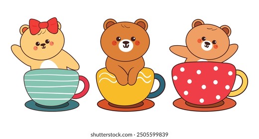 Dibujo a mano Oso de dibujos animados dentro de un conjunto de pegatinas de taza. Dibujo de animales lindos, conjunto de doodle