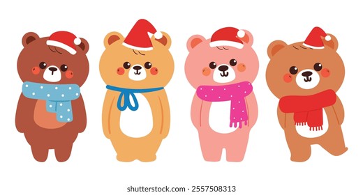 hand drawing cartoon bear with santa hat sticker set. cute animal drawing, doodle set for winter, christmas