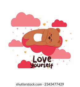 hand drawing cartoon bear sleeping on pink clouds. cute animal card for wallpaper, background