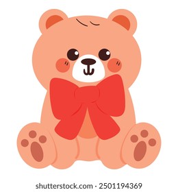 hand drawing cartoon bear sticker wearing big red ribbon. cute animal drawing, doodle