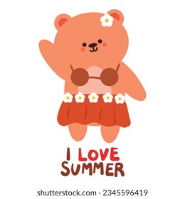 hand drawing cartoon bear with summer clothes. cute summer card