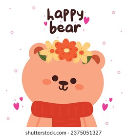 hand drawing cartoon bear wearing scarf wearing flower crown. cute winter wallpaper and background for card