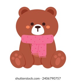 hand drawing cartoon bear wearing pink scarf. cute animal sticker