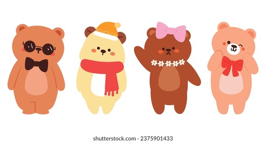 conjunto de stickers de osos de dibujos animados con dibujos a mano. pegatinas de animales lindas para niños, doodle de animales lindo