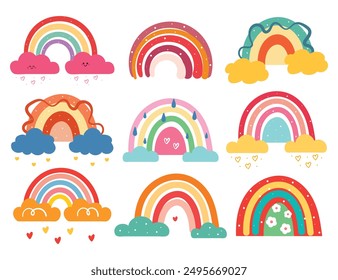 hand drawing cartoon boho rainbow. cute sky element sticker set. cute sticker, doodle set