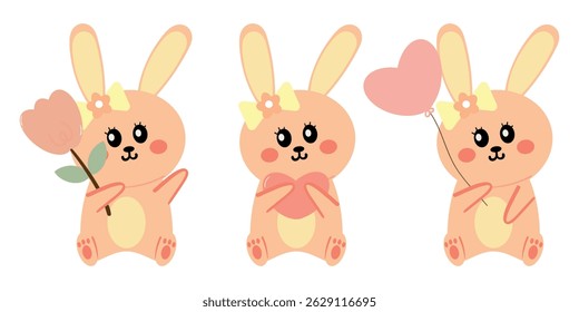 Hand drawing cartoon bunny with cute bunny holding balloons, pink hearts and tulips sticker set. cute animal drawing, doodle set