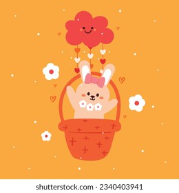 hand drawing cartoon bunny inside a basket with cute little pink cloud, flower and heart