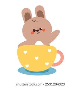 hand drawing cartoon bunny inside a yellow cup. cute animal drawing, doodle