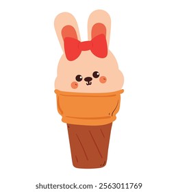 hand drawing cartoon bunny inside ice cream cone. cute animal and dessert drawing, doodle