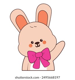 hand drawing cartoon bunny wearing big pink ribbon. cute animal drawing, doodle sticker