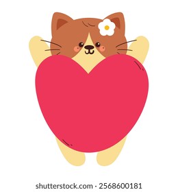 hand drawing cartoon cat with big pink heart balloon. cute animal drawing, doodle for valentine sticker and icon