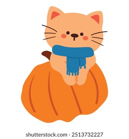 hand drawing cartoon cat with blue scarf and pumpkin. cute animal drawing, doodle for autumn vibes